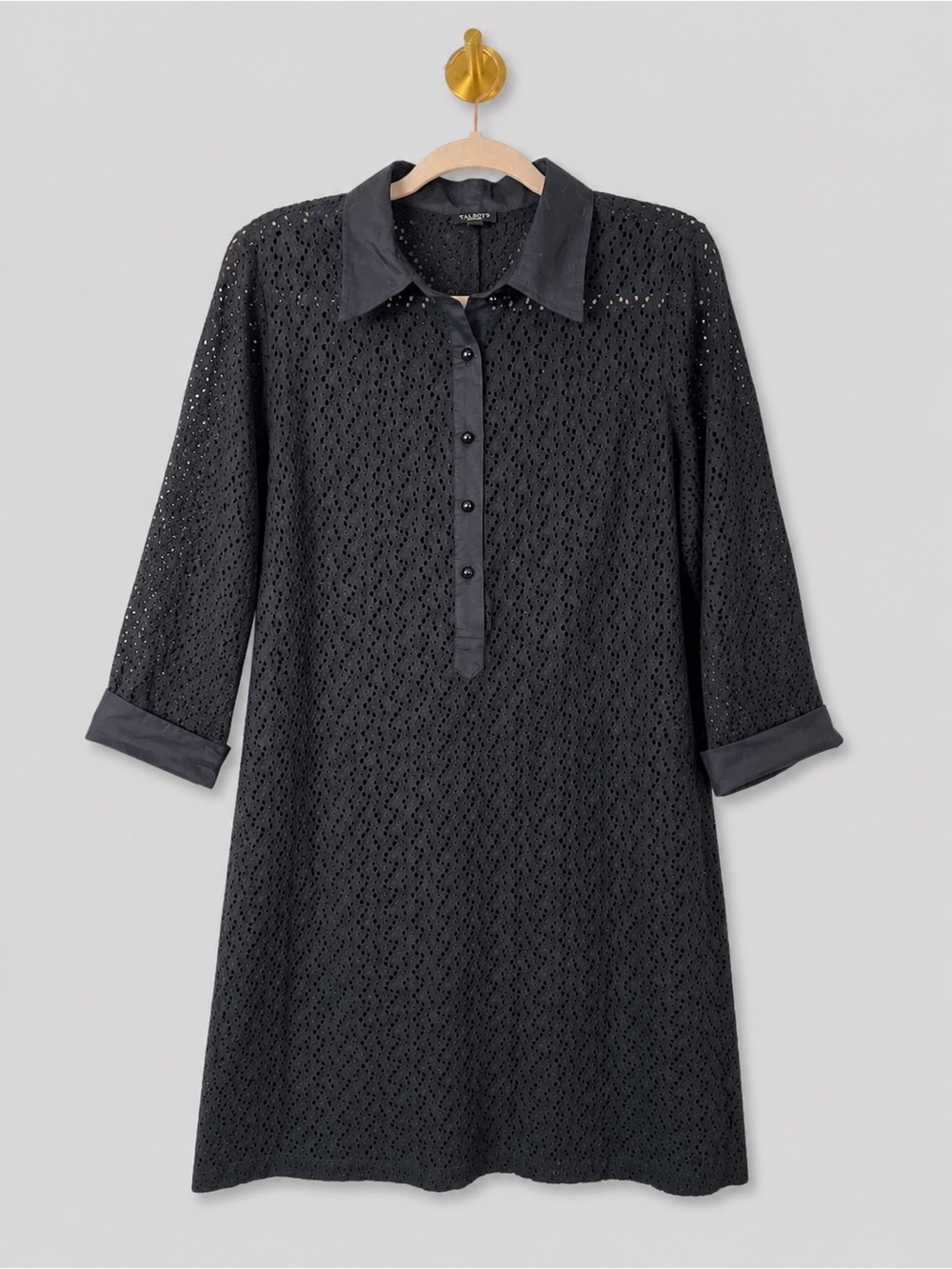Talbots Black Eyelet Shirt Dress Collared Button Front Shift Dress in black